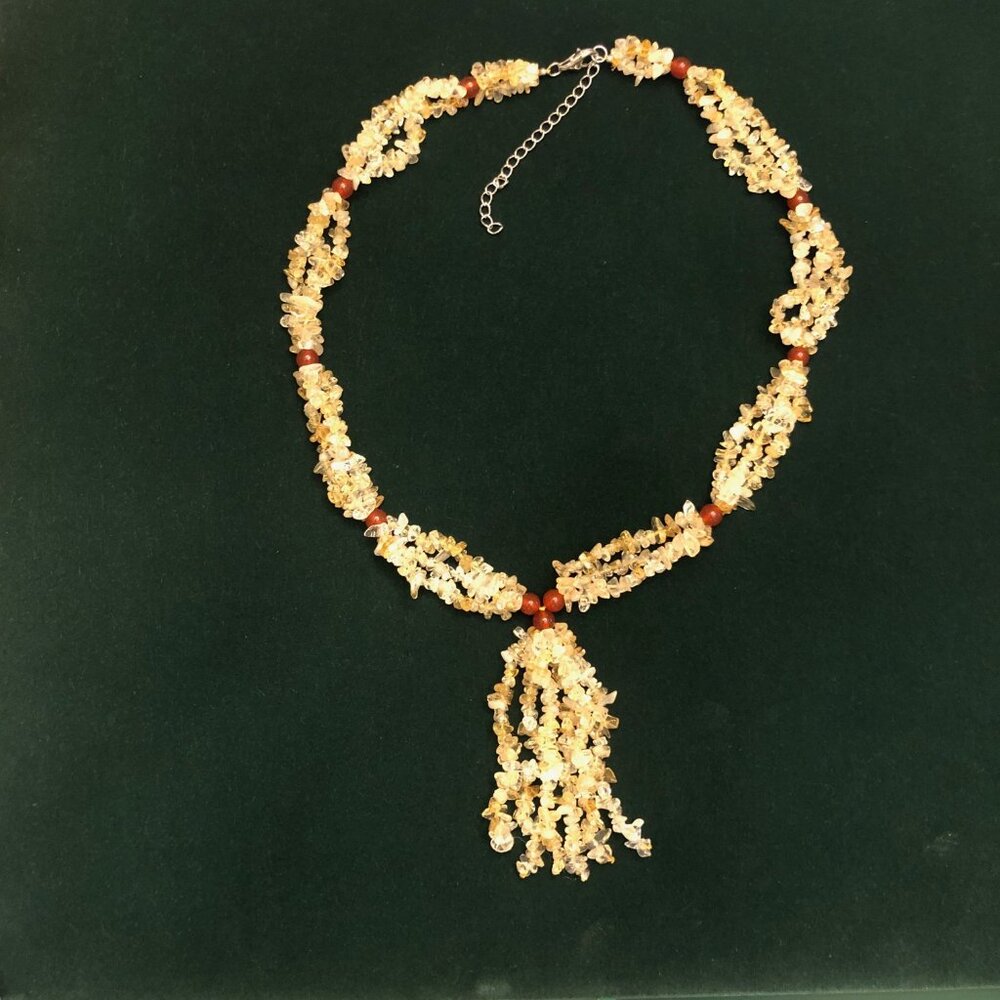BRAZILIAN CITRINE CHIP, 8MM ROUND RED AGATE BEAD STERLING SILVER TASSEL NECKLACE